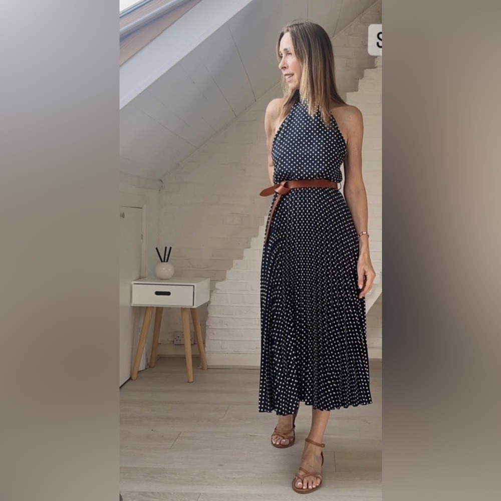 NWT Zara Women’s Polka Dot Midi Halter Dress Blue & White Belted XS 3555 - Picture 11 of 12